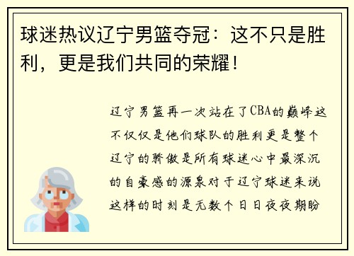 球迷热议辽宁男篮夺冠：这不只是胜利，更是我们共同的荣耀！
